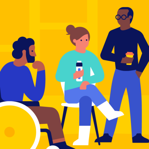 Illustration of a diverse group of folks attending an event and holding beverages, and one of them is a man in a wheelchair