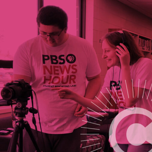 Photo of students and educators learning to use media technology with Click logo superimposed