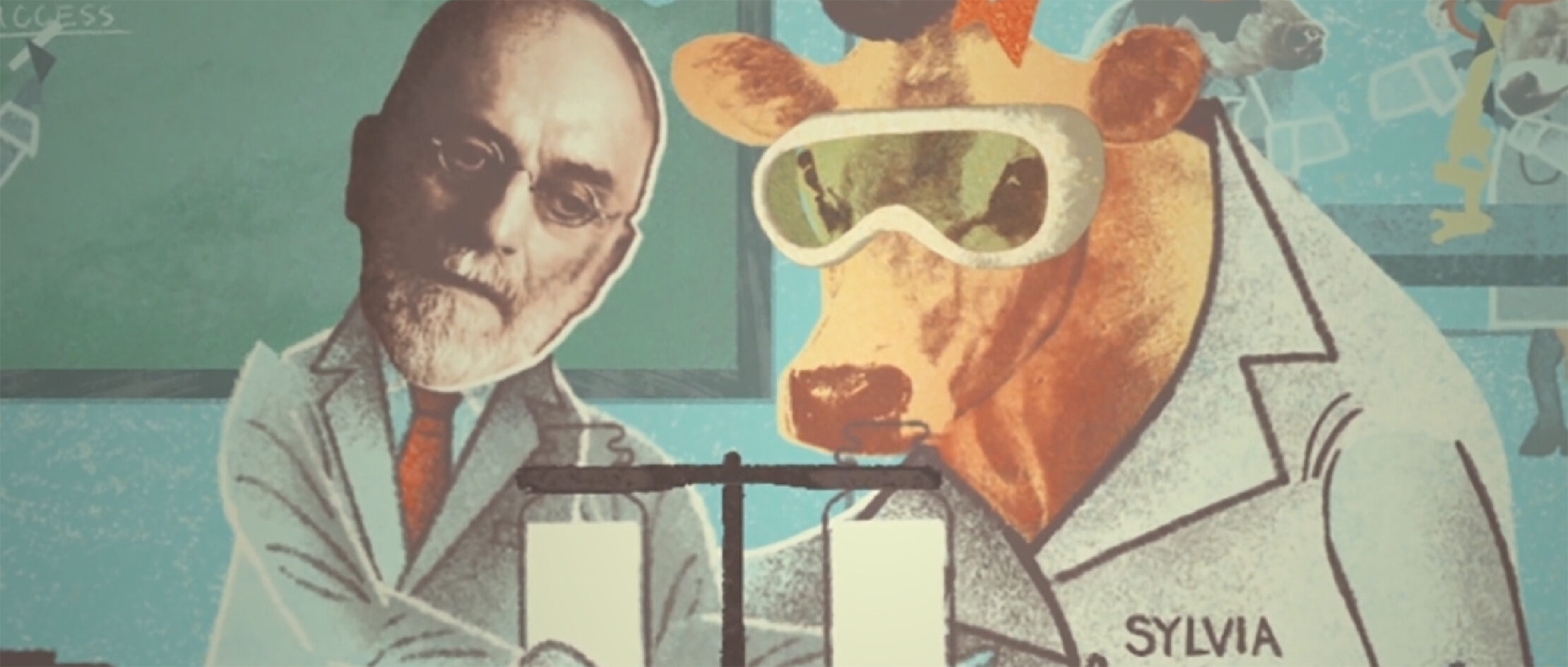 Illustration of Stephen Babcock and a cow in a lab doing science