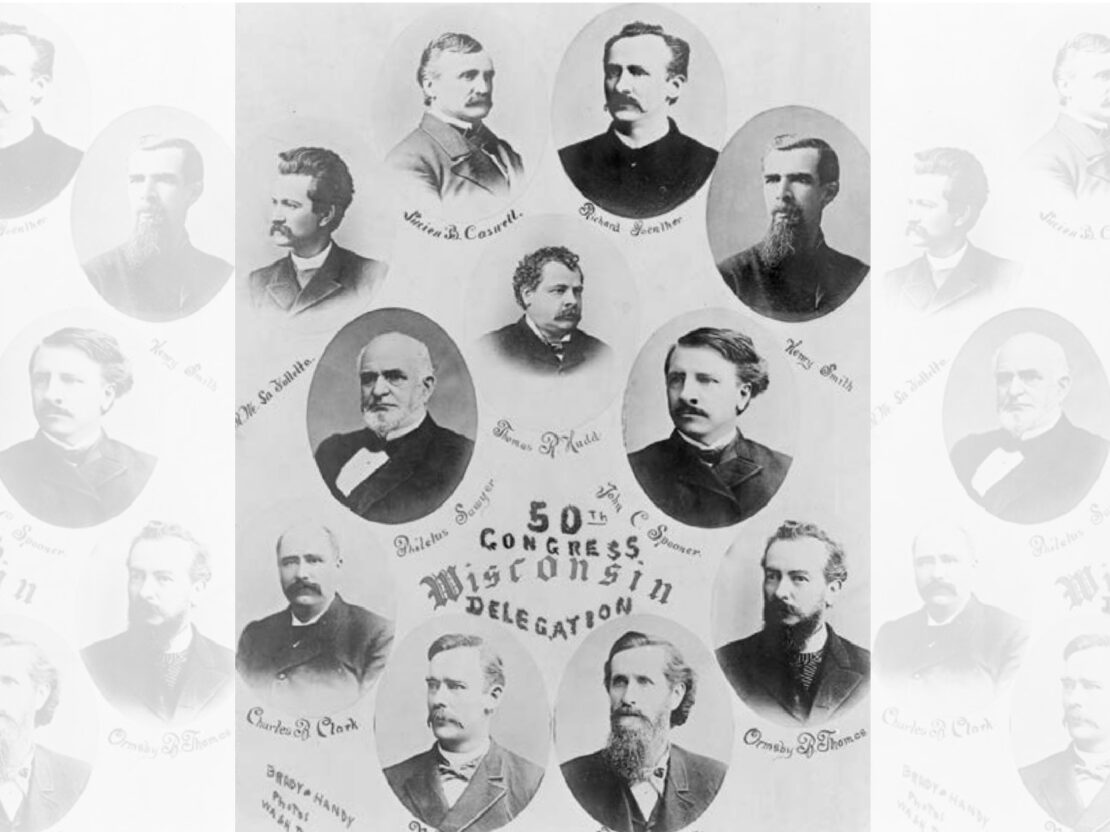 An assemblage of labeled oval shaped photographs of the members of the 50th congress in Wisconsin. A labeled photo of Charles Clark appears in the lower left part of the image.