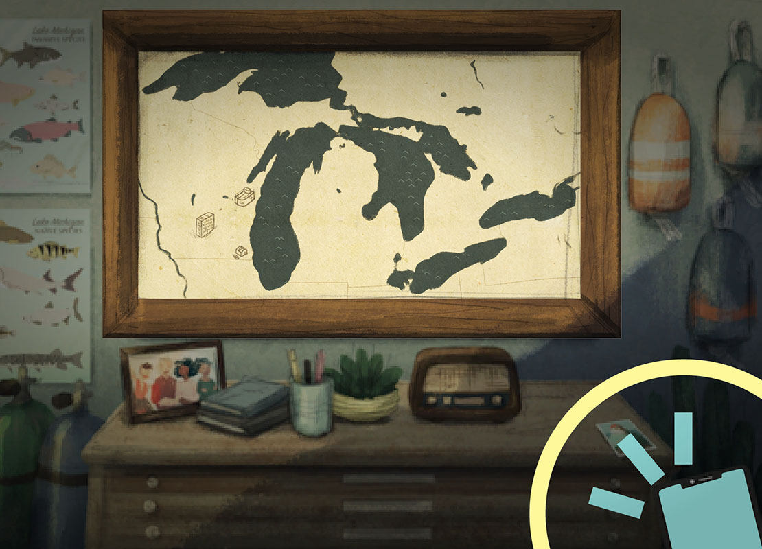 Scene from Lost Emerald game showing desk with map on wall used to plan search for shipwrecks