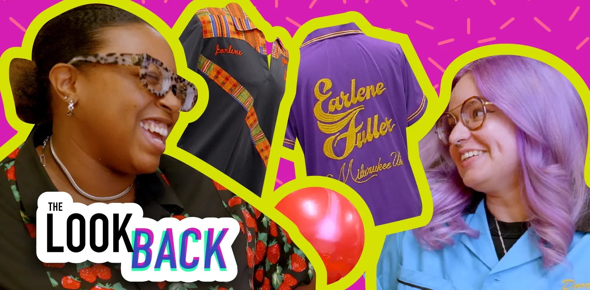 Kacie and Taylor laughing with bowling balls and jerseys in the background and the logo for The Look Back superimposed over the photos