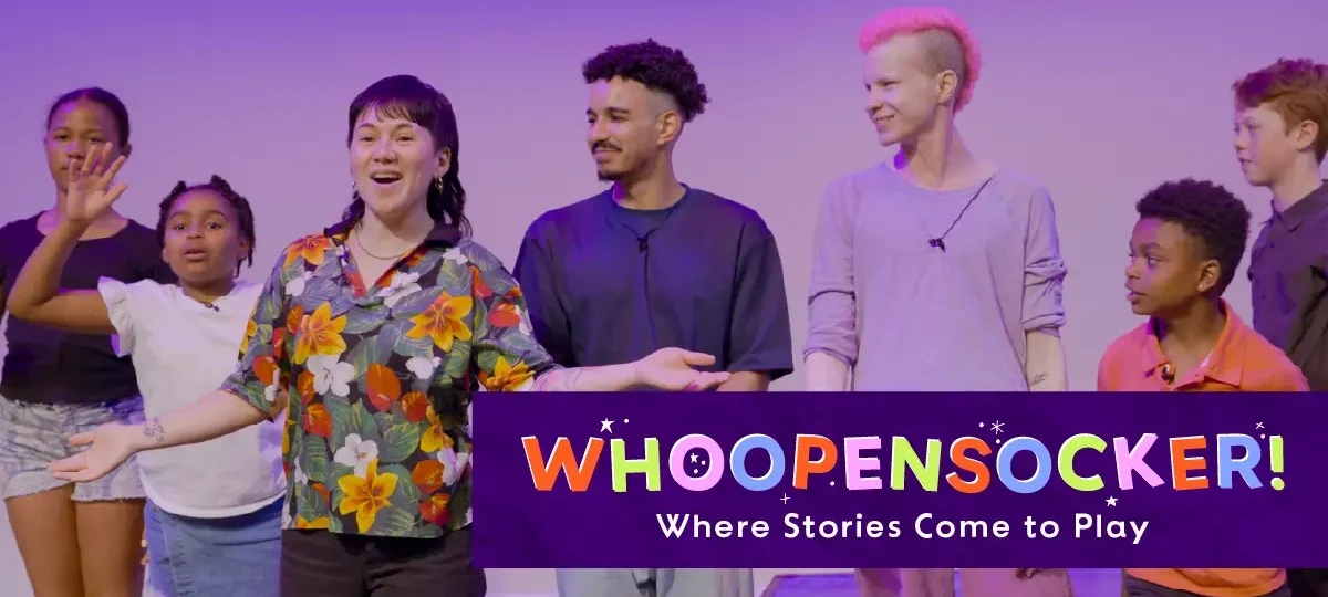 Whoopensocker practitioners with text superimposed, WHOOPENSOCKER, Where Stories Come to Play