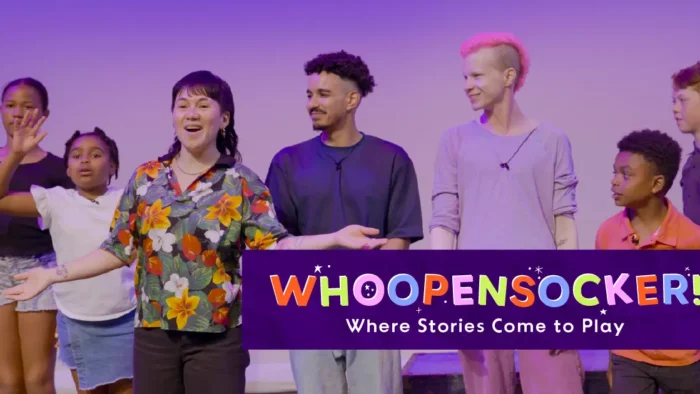 Whoopensocker practitioners with text superimposed, WHOOPENSOCKER, Where Stories Come to Play