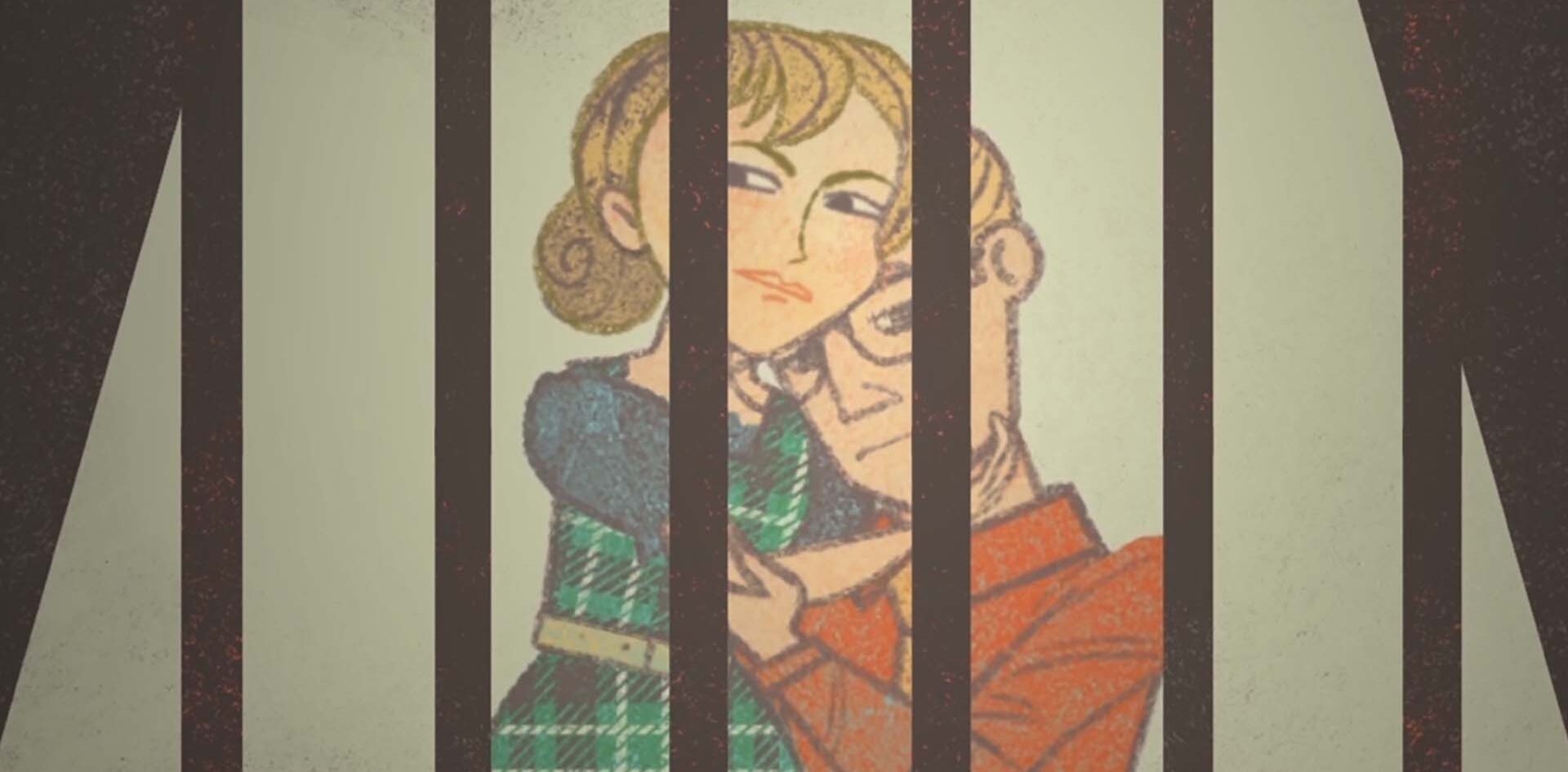 Illustrated collage that serves as the video thumbnail for the Mildred Fish-Harnack video