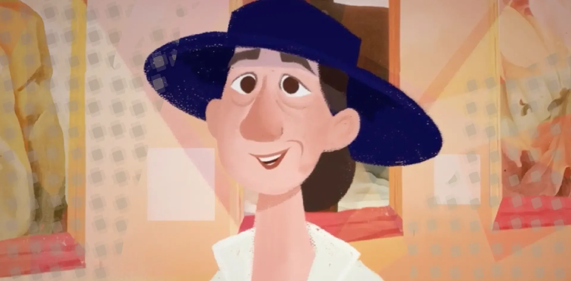Illustrated person in a white shirt and wide-brimmed blue hat smiling in an art gallery with abstract paintings.