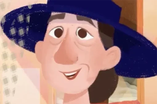 Cartoon-style portrait of Georgia O’Keeffe wearing a wide-brimmed blue hat and smiling in front of framed artwork.
