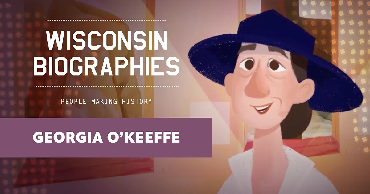 Cartoon-style portrait of Georgia O’Keeffe wearing a wide-brimmed blue hat and smiling in front of framed artwork.