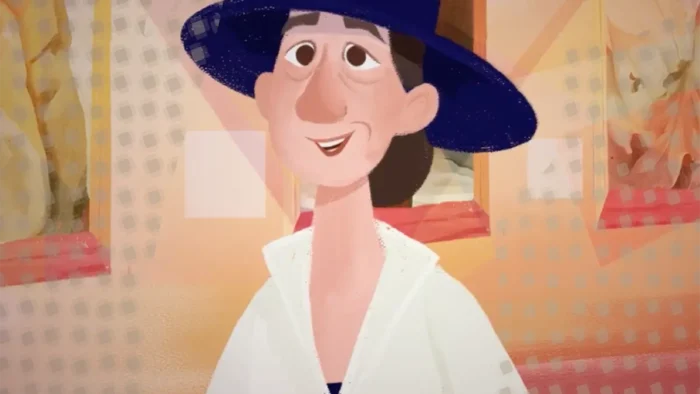 Illustrated person in a white shirt and wide-brimmed blue hat smiling in an art gallery with abstract paintings.