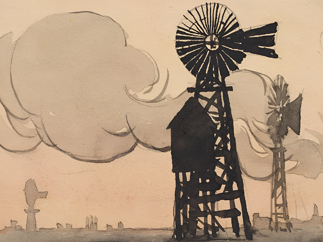 A watercolor painting in black and grey. On the right is a silhouette of a windmill in black. The sky has a big grey cloud and smaller windmills are in the far distance.