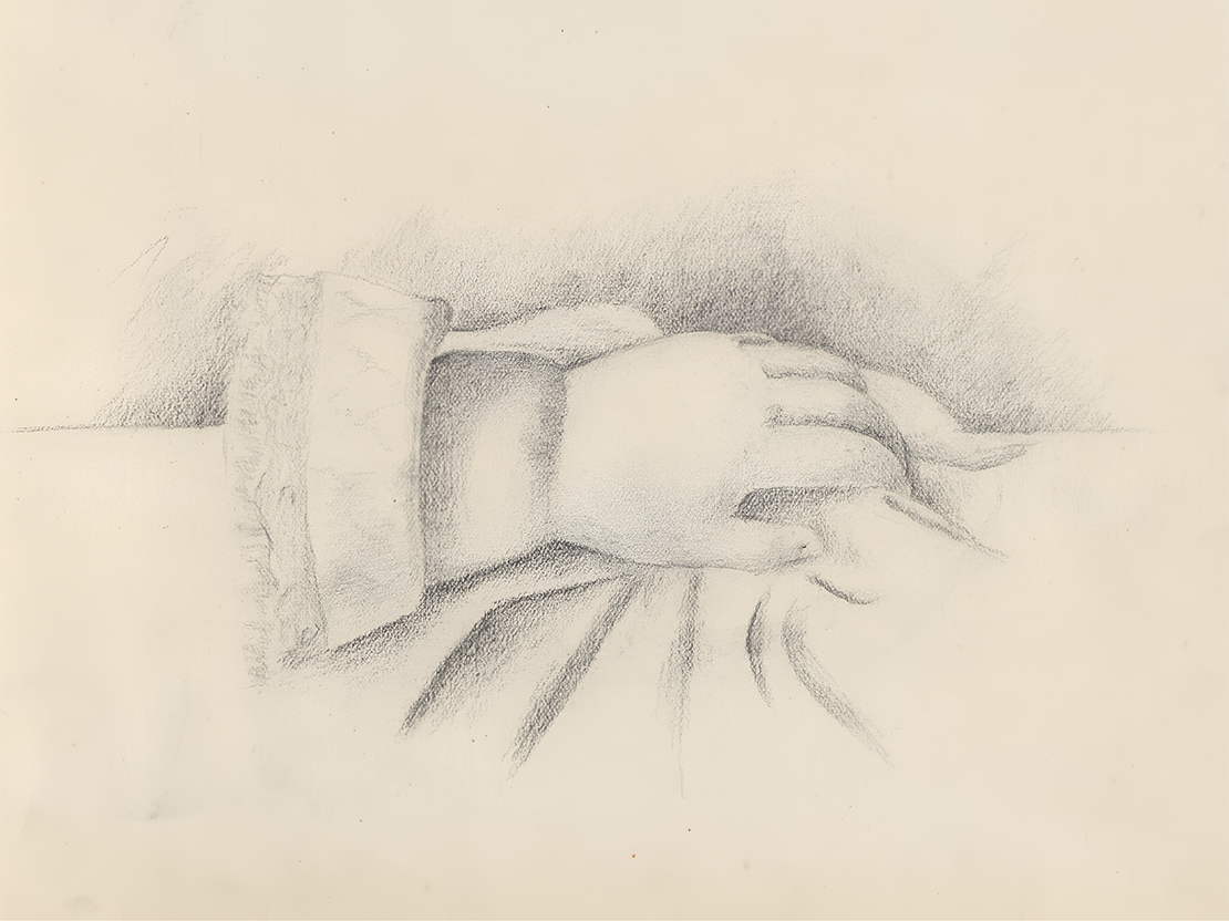 A pencil drawing of a young child's hands.