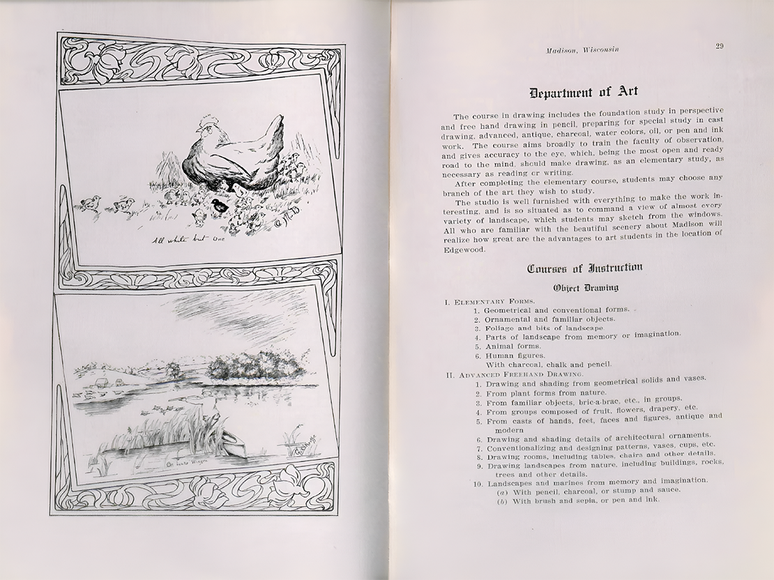 An image of two pages from a school catalog. The left page has two drawings, one showing a hen and one by Georgia showing a man on a lake duck hunting. The right page has text about the Department of Art.