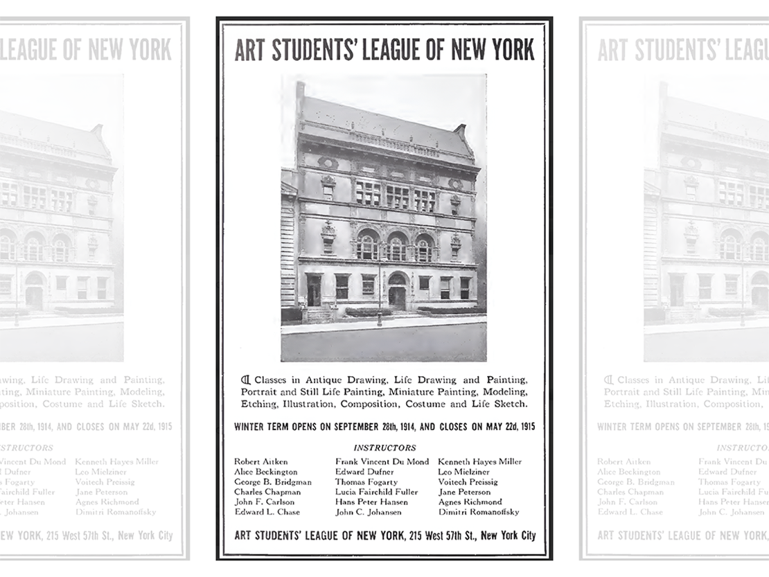 A black and white image of an ad for the Art Students League of New York, showing the front of the building. Text below the building mentions the classes that are offered.