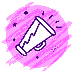 Illustration of a white bullhorn, outlined in purple, with a round pink background shape