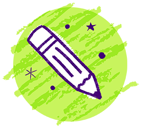 Illustration of a white pencil, outlined in purple, with a round green background shape