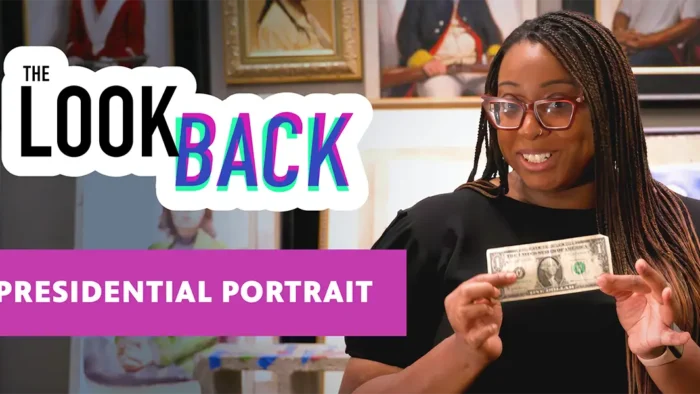 Woman holding a one-dollar bill with “The Look Back: Presidential Portrait” text overlaid.