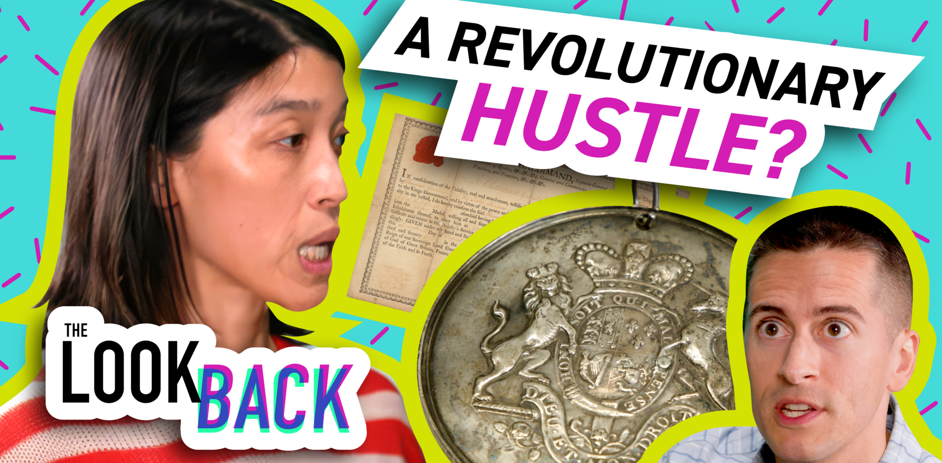 Collage of woman, British peace medal, and founding-era documents, with overlaid text “A Revolutionary Hustle?”