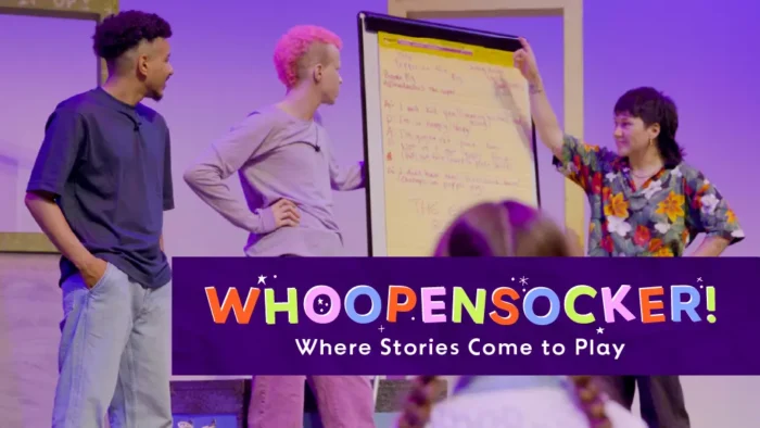 Whoopensocker practitioners with text superimposed, WHOOPENSOCKER, Where Stories Come to Play