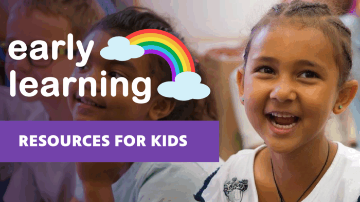 Children smiling in an environment where they are playing and learning. Superimposed on the photo is the logo for “Early Learning” and a purple banner with white text, “resources for kids.”