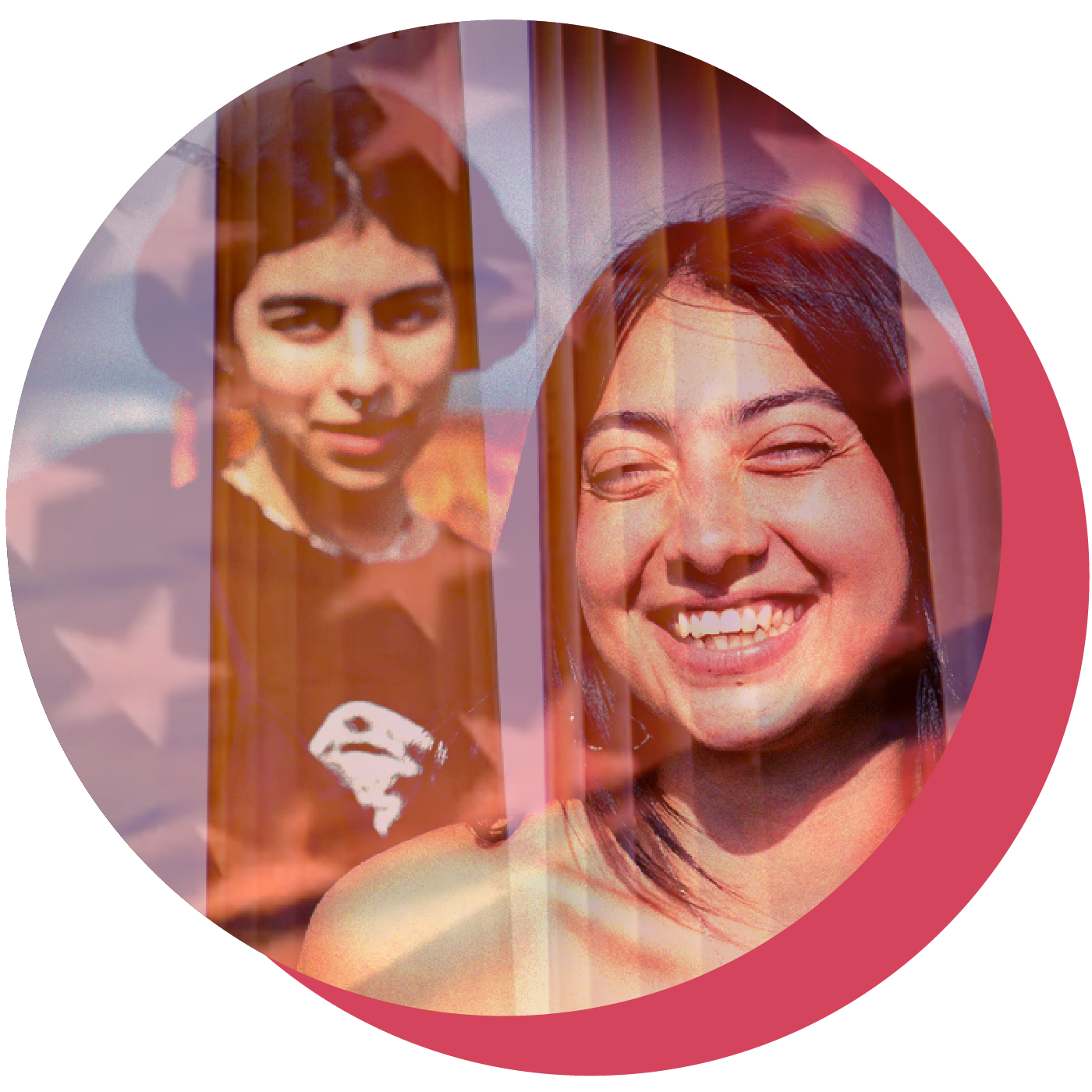 Collage of Americans' faces superimposed over historical American faces and the American Flag