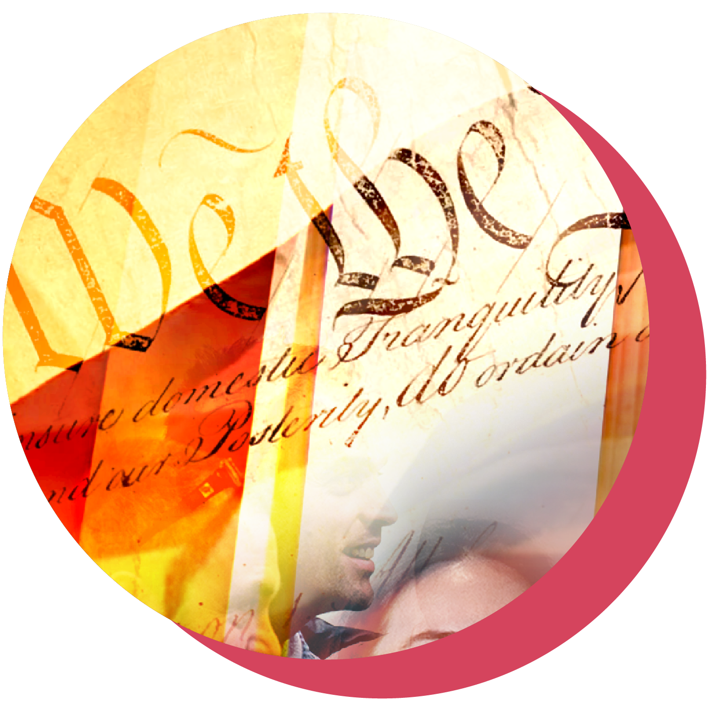 Collage of Americans' faces superimposed over historical documents