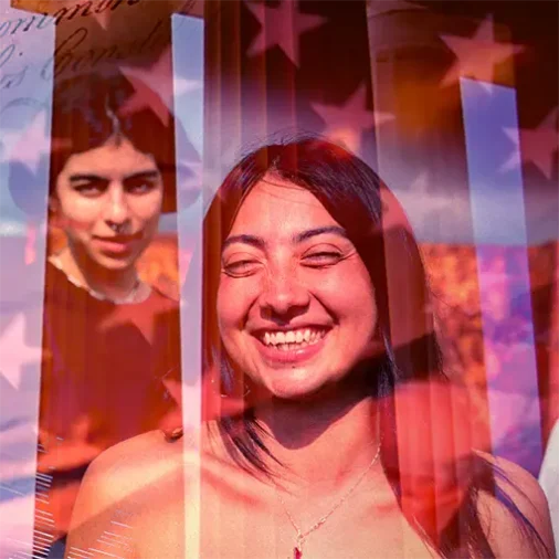 Collage of Americans' faces superimposed over historical American faces and the American Flag