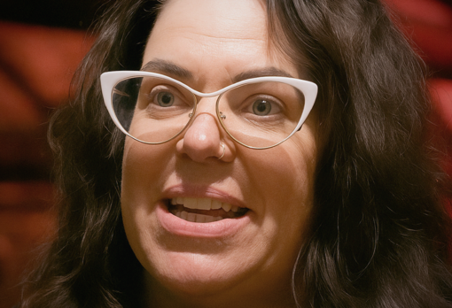 Person with long dark hair and white cat-eye glasses speaking, with a red curtain background.