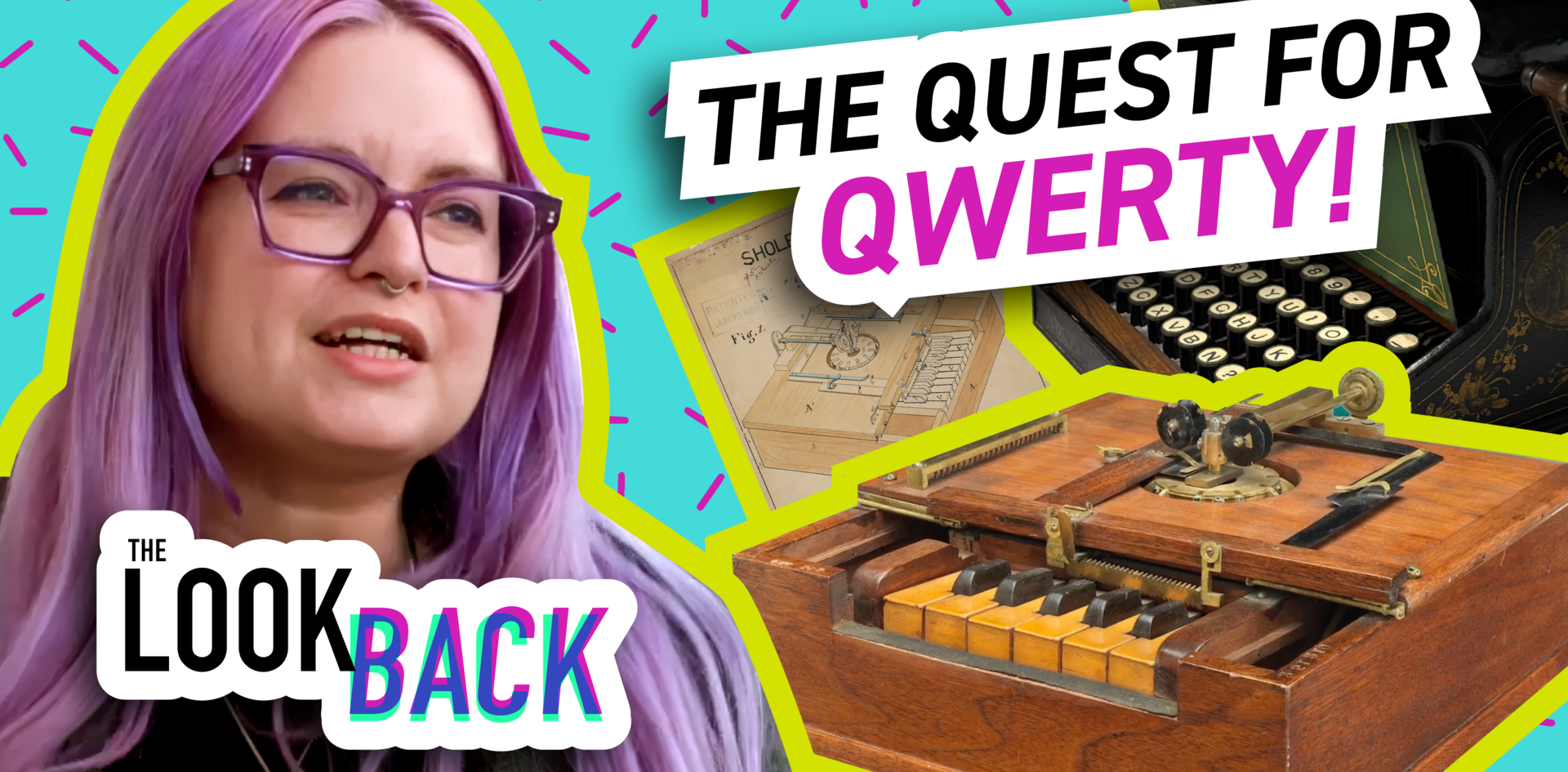 Woman with purple hair next to vintage typewriters and old QWERTY layouts, overlaid with text: “The Quest for QWERTY!”
