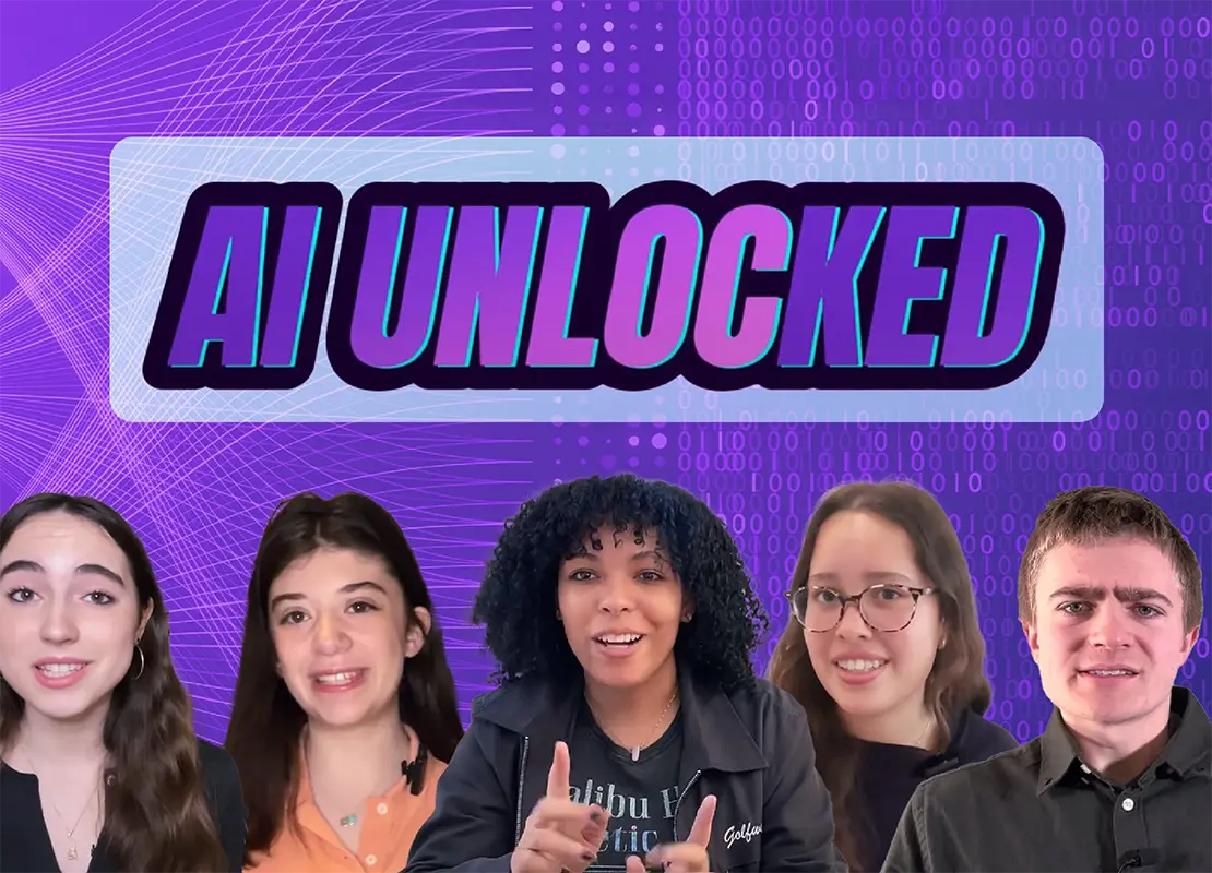 Various young people in front of a purple background with text superimposed, “AI Unlocked”