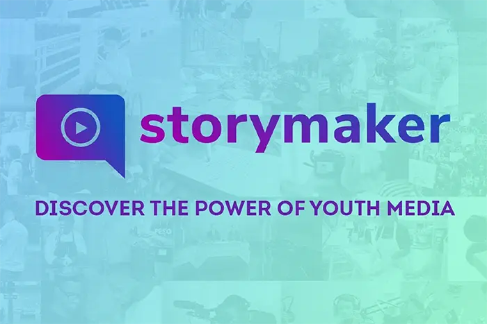 Monochromatic collage of dim photos with an aqua green cast and the logoo for “Storymaker” superimposed, and the text, “Discover the Power of Youth Media”