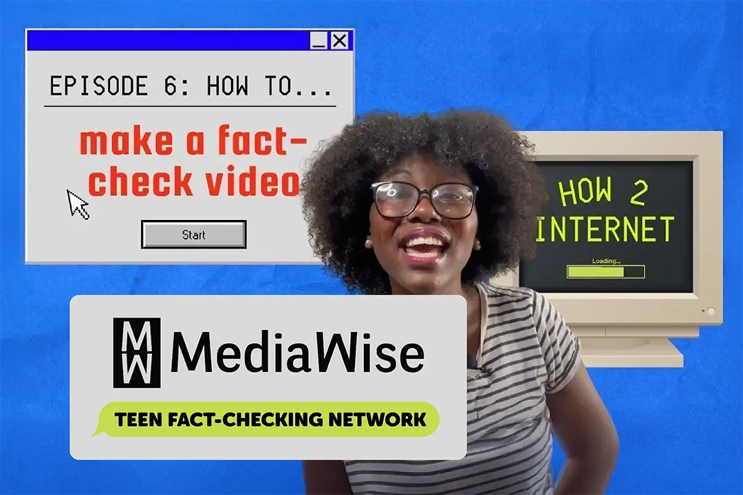 Young person smiling and speaking with text superimposed, “MediaWise, Teen Fact-checking Network”