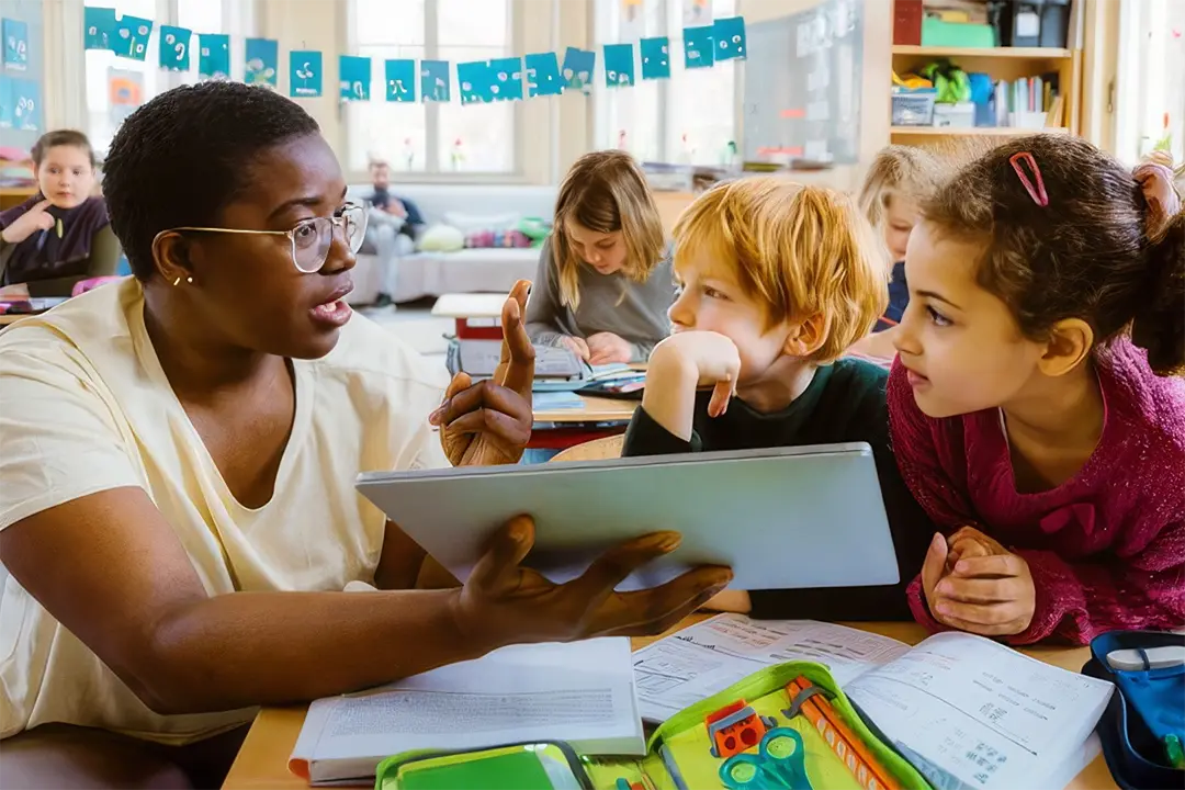 Young people talking with an educator in front of a tablet computer