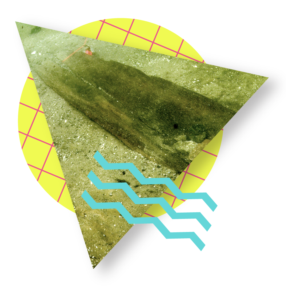 A stylized photo of a ancient canoe at the bottom of a lake, partially obscured by sand, inside a triangle shaped crop, surrounded by various geometric shapes and colors.