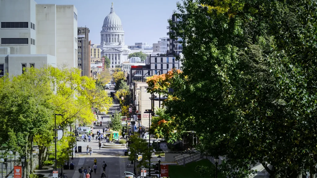 View of the Wisconsin State Capitol as seen from University of Wisconsin–Madison campus, looking down State Street