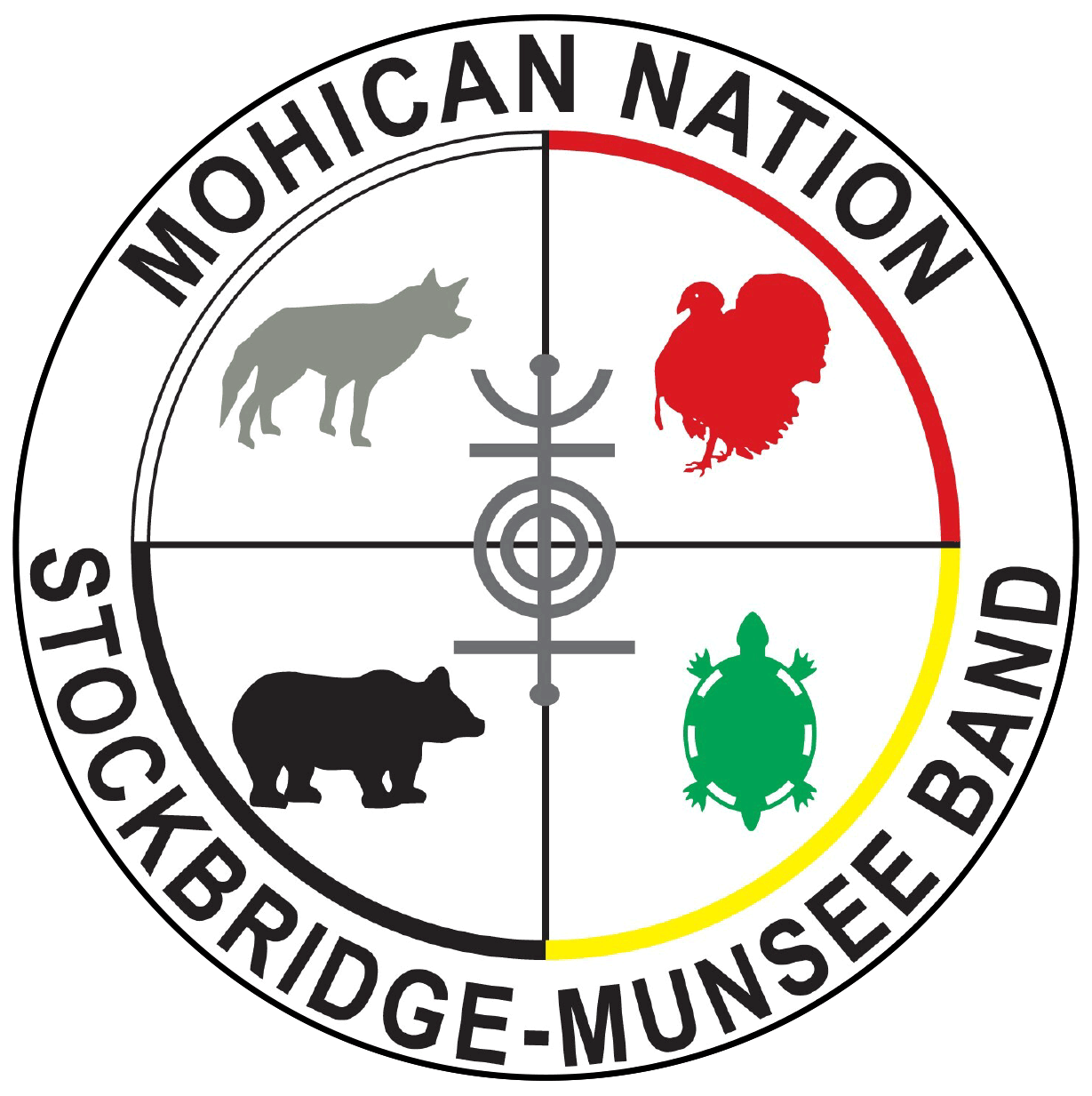 The official seal of the Mohican Nation Stockbridge-Munsee Band, featuring four clan animals divided by a cross: a gray wolf, a brown turkey, a black bear, and a green turtle. A ceremonial symbol appears at the center. The circular border is accented with red and yellow arcs.