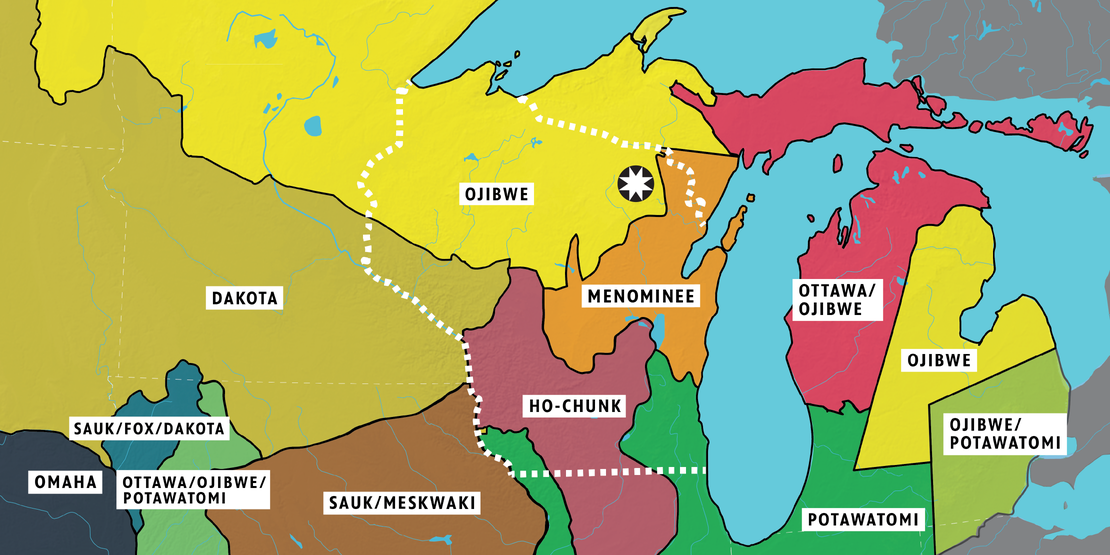 Map with outlines of tribal lands of the Great Lakes region circa 1800. The star indicates the present-day seat of government for the Forest County Potawatomi (FCP) in Crandon, Wisconsin. The current FCP reservation spans 12,000 discontinuous acres across Forest and Oconto Counties.