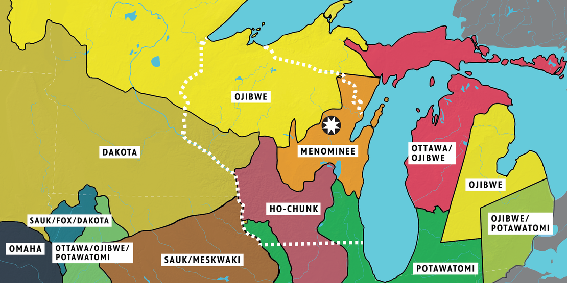 Map with outlines of tribal lands of the Great Lakes region circa 1800. The star indicates the present-day seat of government for the Menominee Indian Tribe of Wisconsin, in Keshena, Wisconsin. A dotted white line indicates the present day state lines of Wisconsin.