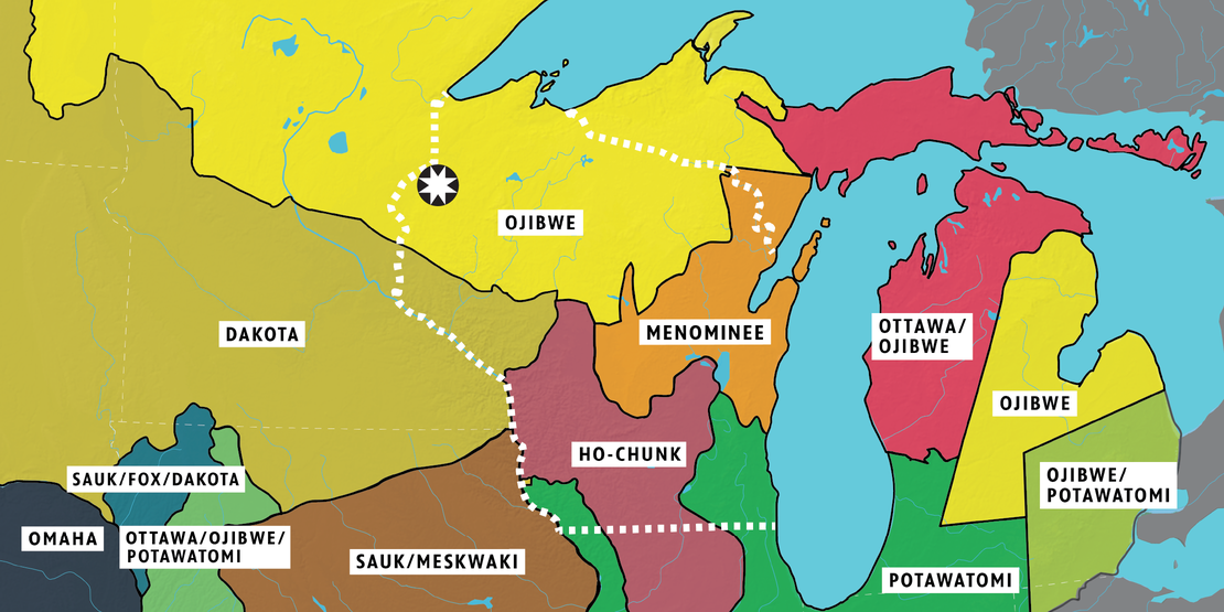 Map with outlines of tribal lands of the Great Lakes region circa 1800. The star indicates the present-day seat of government for the St. Croix Chippewa in Webster, WI. A dotted white line indicates the present day state lines of Wisconsin.