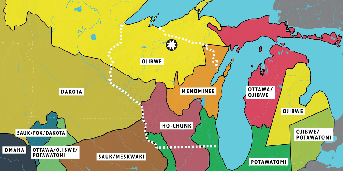 Map with outlines of tribal lands of the Great Lakes region circa 1800. The star indicates the present-day seat of government for the Lac du Flambeau Band of Lake Superior Chippewa, in Lac du Flambeau, Wisconsin. A dotted white line indicates the present day state lines of Wisconsin.