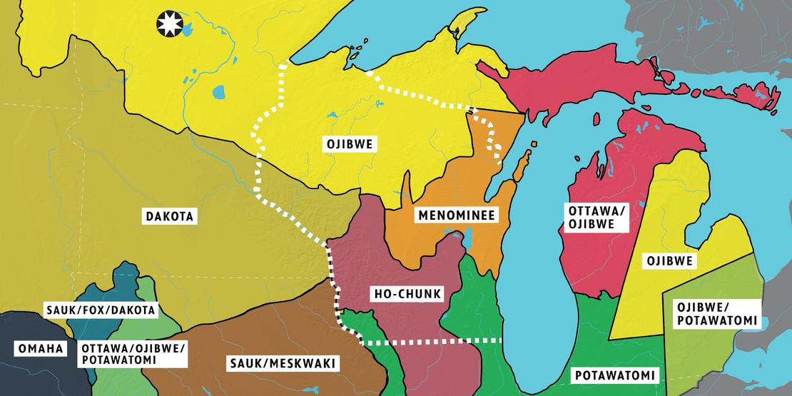 Map with outlines of tribal lands of the Great Lakes region circa 1800. The star indicates the present-day seat of government for the Leech Lake Band of Ojibwe, in Cass Lake, Minnesota. A dotted white line indicates the present day state lines of Wisconsin.