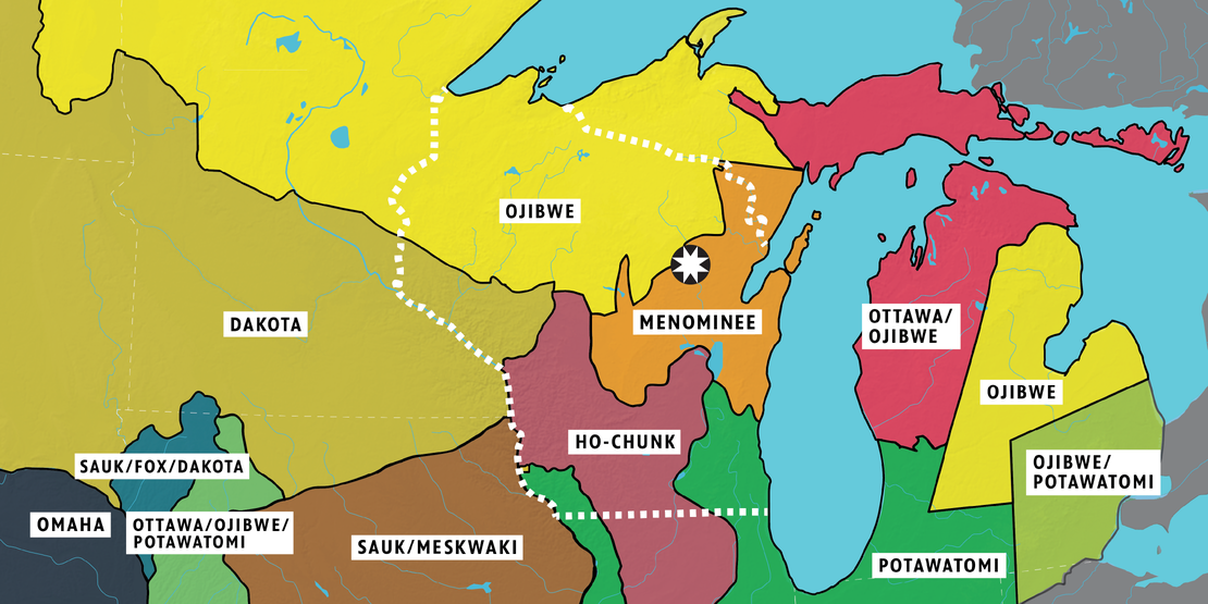 A colorful illustrated map of the Great Lakes region showing traditional Indigenous tribal territories, including Ojibwe, Dakota, Menomonee, Ho-Chunk, Ottawa/Ojibwe, Potawatomi, and others. Each territory is filled with a distinct color and labeled in bold text. A white dotted line traces a route through the region, marked with a starburst symbol.