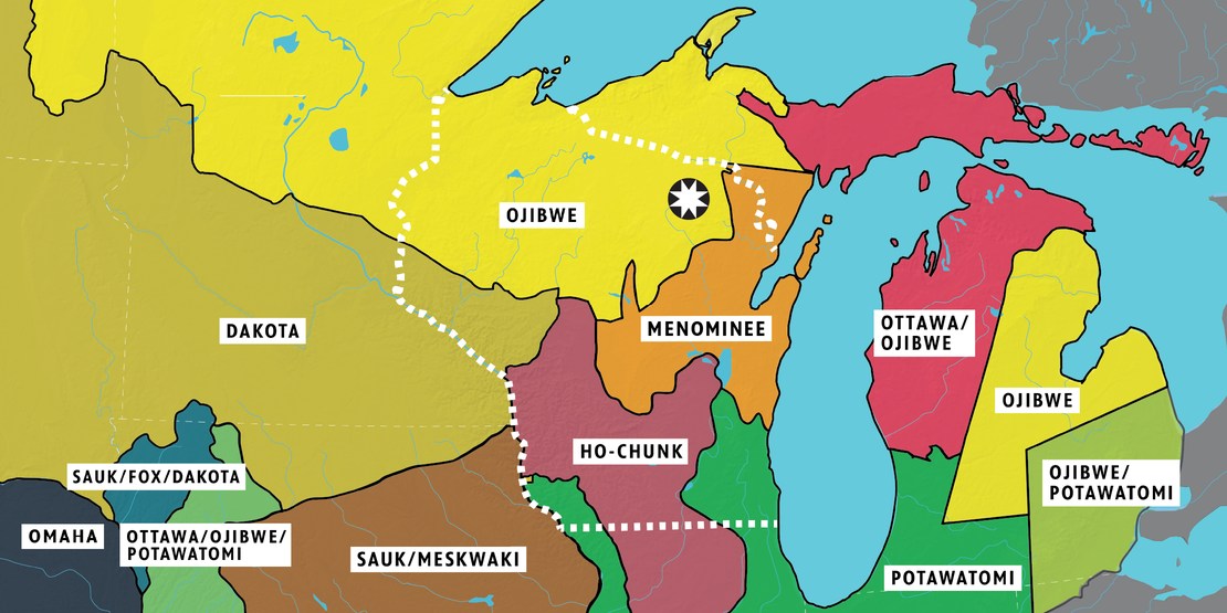 Map with outlines of tribal lands of the Great Lakes region circa 1800. The star indicates the present-day seat of government for the Forest County Potawatomi in Crandon, WI. A dotted white line indicates the present day state lines of Wisconsin.