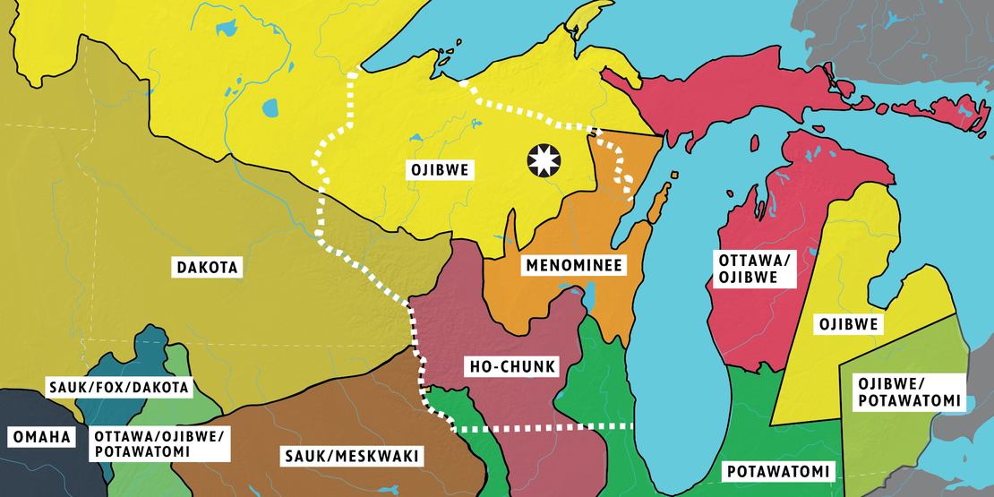 Map with outlines of tribal lands of the Great Lakes region circa 1800. The star indicates the present-day seat of government for the Red Cliff Band of Lake Superior Chippewa, in Red Cliff, Wisconsin. A dotted white line indicates the present day state lines of Wisconsin.
