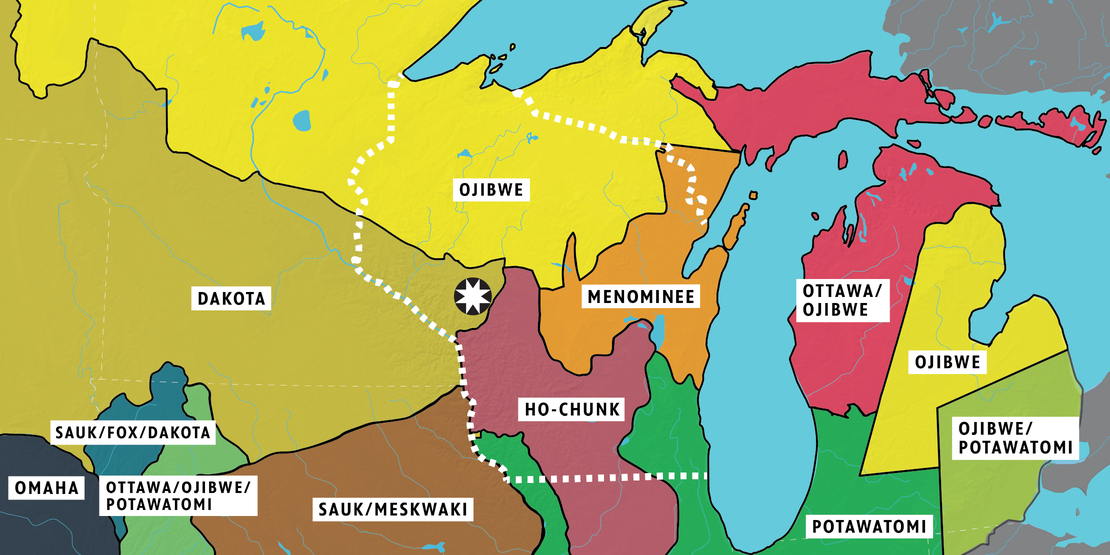 Map with outlines of tribal lands of the Great Lakes region circa 1800. The star indicates the present-day seat of government for the Ho-Chunk Nation, in Black River Falls, Wisconsin. A dotted white line indicates the present day state lines of Wisconsin.