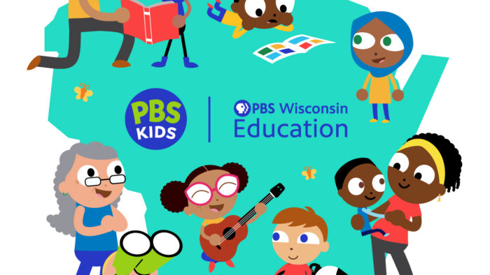 Illustration of the State of Wisconsin with learners, parents, and educators of various backgrounds, the logo for PBS Kids, the logo for PBS Wisconsin Education, and the text, used in every community in Wisconsin