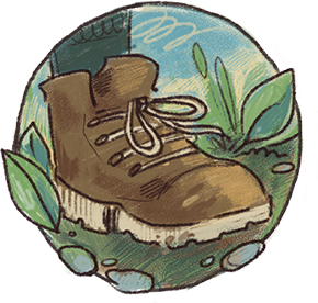 Illustration of a person's foot wearing a boot on soil surrounded with plants and grass