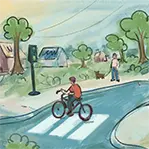 Thumbnail for Health and Safety is an illustration of a person riding a bicycle