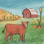 Thumbnail for Food and Farming is an illustration of a beef cattle with a barn in the background