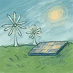Thumbnail for Energy and Infrastructure is an illustration of solar panels and windmills