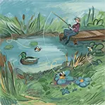 Thumbnail for Ecology Interdependence is an illustration of a person fishing by a pond with a duck in the water